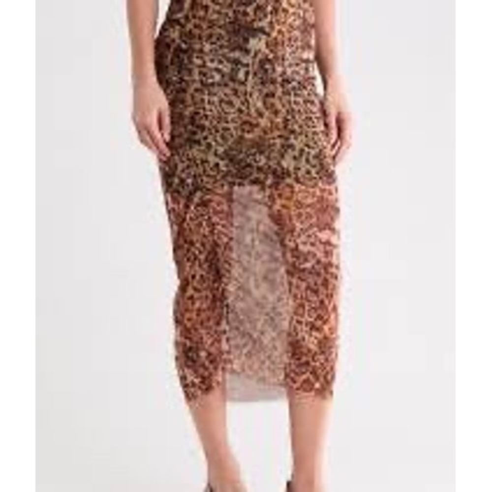 AllSaints Nora Skirt Evia Golden Brown Leopard Mesh Ruched Midi US 8 NEW